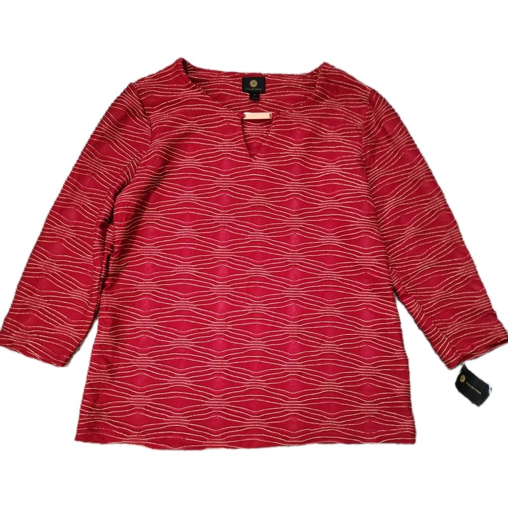 JM Collection Red Gold Metallic‎ Top Keyhole 3/4 Sleeve Medium